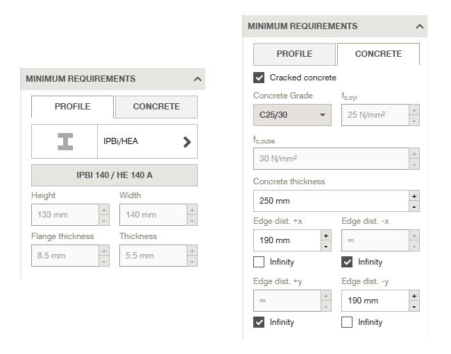 Interface showing Minimum Requirements with Profile and Concrete tabs, including steel profile dimensions and concrete settings such as grade, thickness, and edge distances.