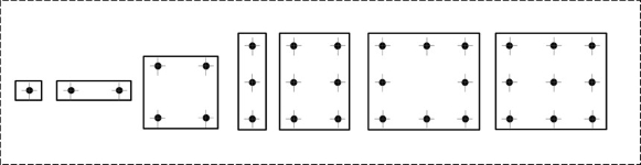Schematische Darstellung verschiedener Ankergruppen mit zunehmender Anzahl von Befestigungspunkten in rechteckigen Anordnungen.