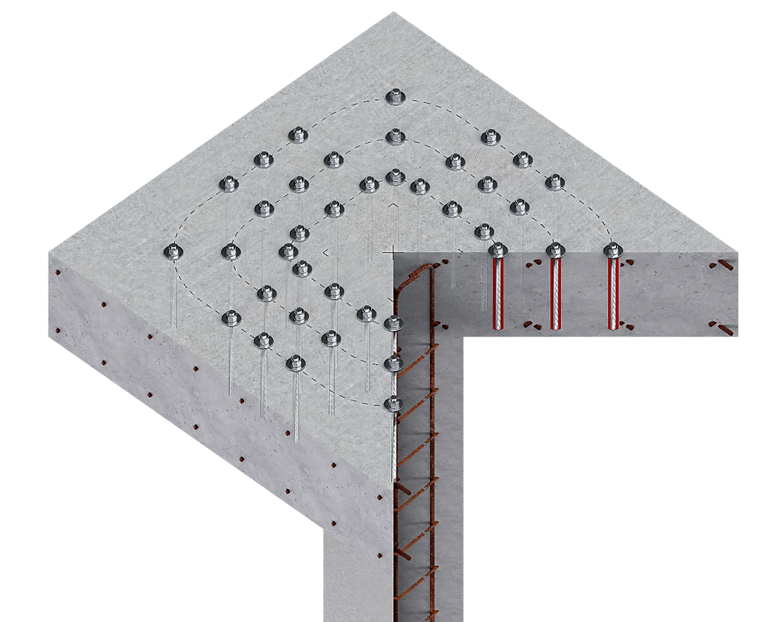 3D diagram of a concrete slab-to-wall connection showing multiple installed anchors arranged across the slab, with embedded reinforcing bars and drilled anchor holes highlighted.