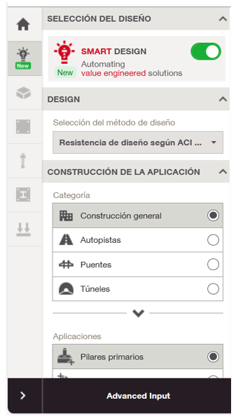 Interfaz que muestra “Anclaje a Concreto” (Estados Unidos, ACI) y un menú de selección de diseño con “Diseño Inteligente” habilitado.