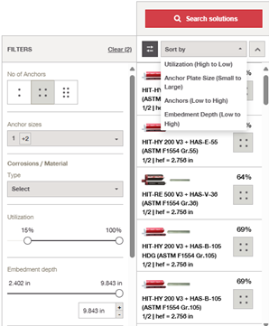 Interface showing anchor search results with filters for anchor type, size, material, utilization, and embedment depth.