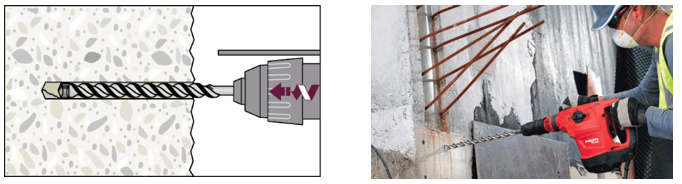Diagrama y fotografía en obra que muestran la perforación con percusión de un orificio en concreto utilizando un rotomartillo y una broca convencional.