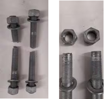 Two side-by-side photos show bolts with washers on the left and nuts with short threaded rod sections on the right, all appearing worn or deformed after testing.