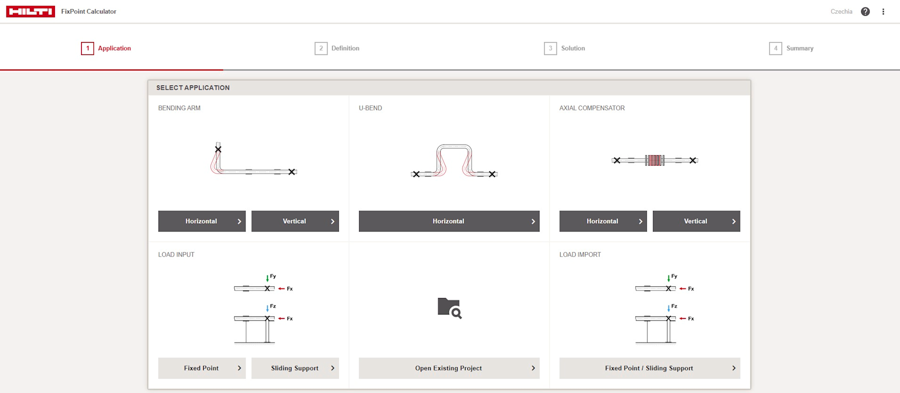 The image shows the Hilti FixPoint Calculator start screen with six selectable piping applications (e.g., bending leg, U-bend, axial compensator) and a step navigation bar, with “Application” highlighted.