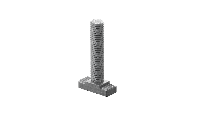 Single metal T-bolt with a threaded shaft and rectangular head, displayed on a black background, used for fastening within a channel system.
