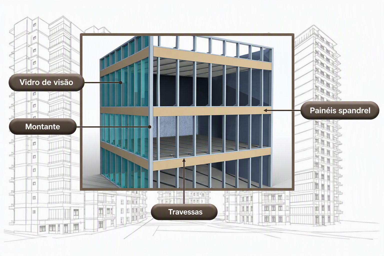 Diagrama 3D de uma fachada de edifício mostrando os componentes da fachada-cortina, identificados como vidro de visão, montantes, travessas e painéis spandrel, com setas indicando a posição de cada elemento em uma estrutura de vários pavimentos.