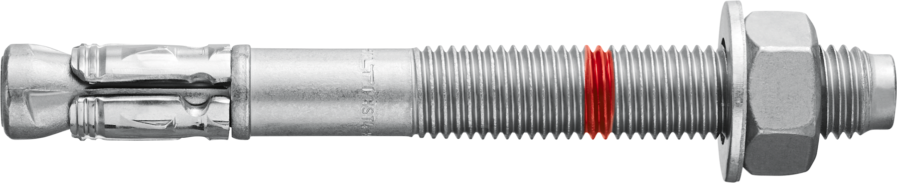 Metal stud anchor bolt on a white background with expansion sleeve, threaded shaft, and nut with washer. A red coating highlights a section of the thread, indicating a treated or functional zone.