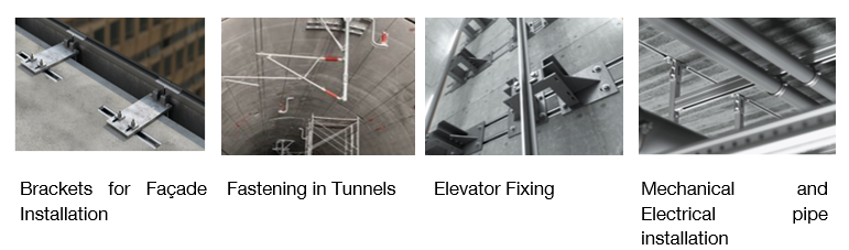 Four images showing construction applications of metal channel systems: façade brackets, tunnel fastening, elevator fixing, and mechanical and electrical pipe installation.
