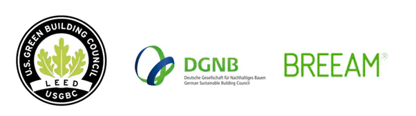 Logos der drei Nachhaltigkeitszertifizierungssysteme LEED, DGNB und BREEAM auf hellem Hintergrund. Die Darstellung verweist auf international etablierte Standards für nachhaltiges und umweltorientiertes Bauen.