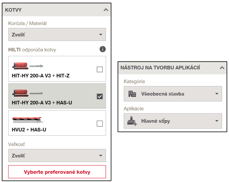 Engineering software interface showing anchor selection recommendations based on a chosen application category. Multiple anchor options are displayed, with preferred anchors selected for a structural column application.