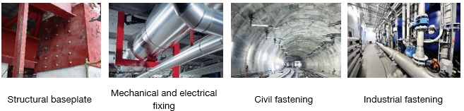 Four example applications for mechanical anchors: structural baseplates, mechanical and electrical supports, tunnel fastening, and industrial fastening installations.