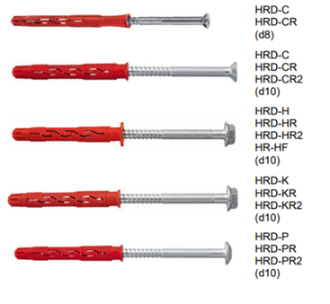 Overzicht van Hilti HRD kunststof kozijnankers met verschillende schroefkopuitvoeringen en diameters voor kozijn- en gevelbevestigingen.