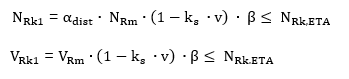 Zwei Gleichungen definieren charakteristische Widerstandsbedingungen: N_Rk1 = α_dist · N_Rm · (1 − k_s · ν) · β ≤ N_Rk,ETA und V_Rk1 = V_Rm · (1 − k_s · ν) · β ≤ N_Rk,ETA.