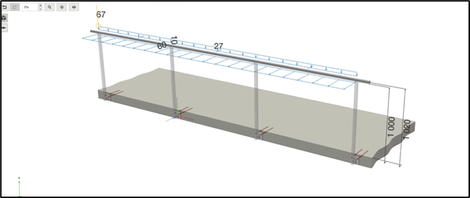 Modélisation 3D PROFIS Engineering : charpente métallique sur colonnes ancrées dans une dalle béton, avec cotations dimensionnelles.