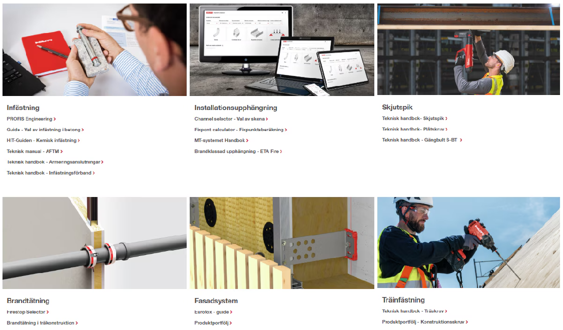 Översiktssida från Hilti Engineering Center med sex kategorier—infästning, installationssystem, skjutspik, brandtätning, fasadsystem och träinfästning—med bilder och länkar till guider och tekniska resurser.