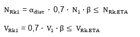 Zwei Gleichungen definieren charakteristische Widerstandsbedingungen: N_Rk1 = α_dist · 0,7 · N₁ · β ≤ N_Rk,ETA und V_Rk1 = 0,7 · V₁ · β ≤ V_Rk,ETA.