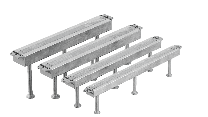 Four parallel metal anchor channels mounted on vertical studs, displayed on a black background, showing structural support components used in construction.