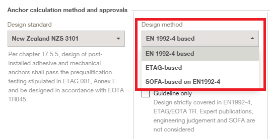Interface showing design settings with “New Zealand NZS 3101” selected and a dropdown menu highlighting “EN 1992-4 based” among other design method options.