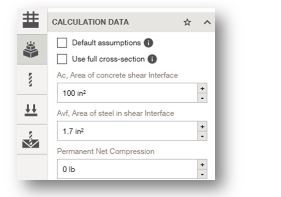 For combined moment/tension and shear loads:  There are options for considering the use of the same or different rebar for each load type. These options are available in the Calculation Data section on the New concrete tab.