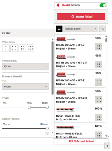 Interface showing anchor search results with filters for anchor type, size, material, utilization, and embedment depth.