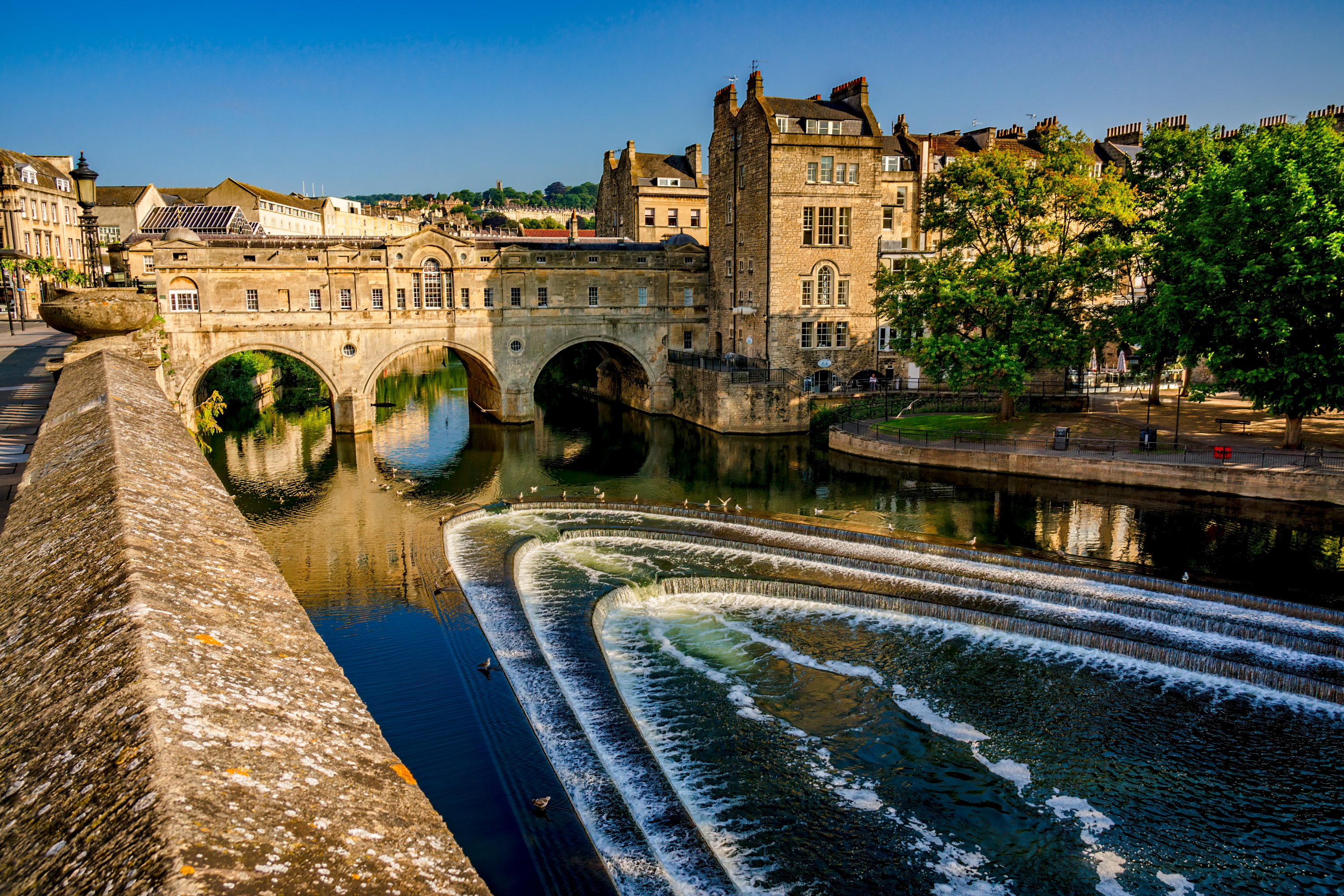 Pulteney Bridge over the River Avon in Bath England.