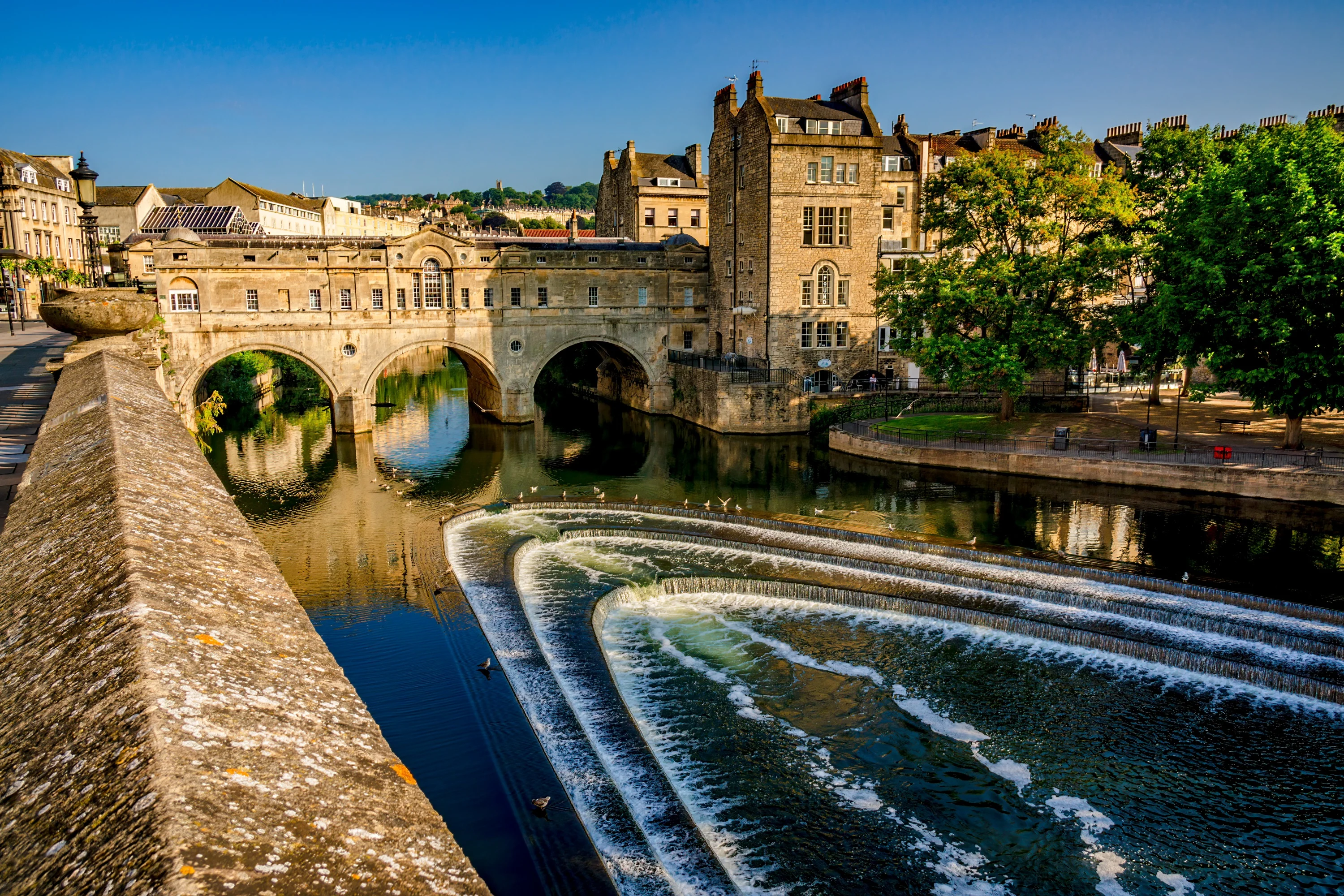 Pulteney Bridge over the River Avon in Bath England.