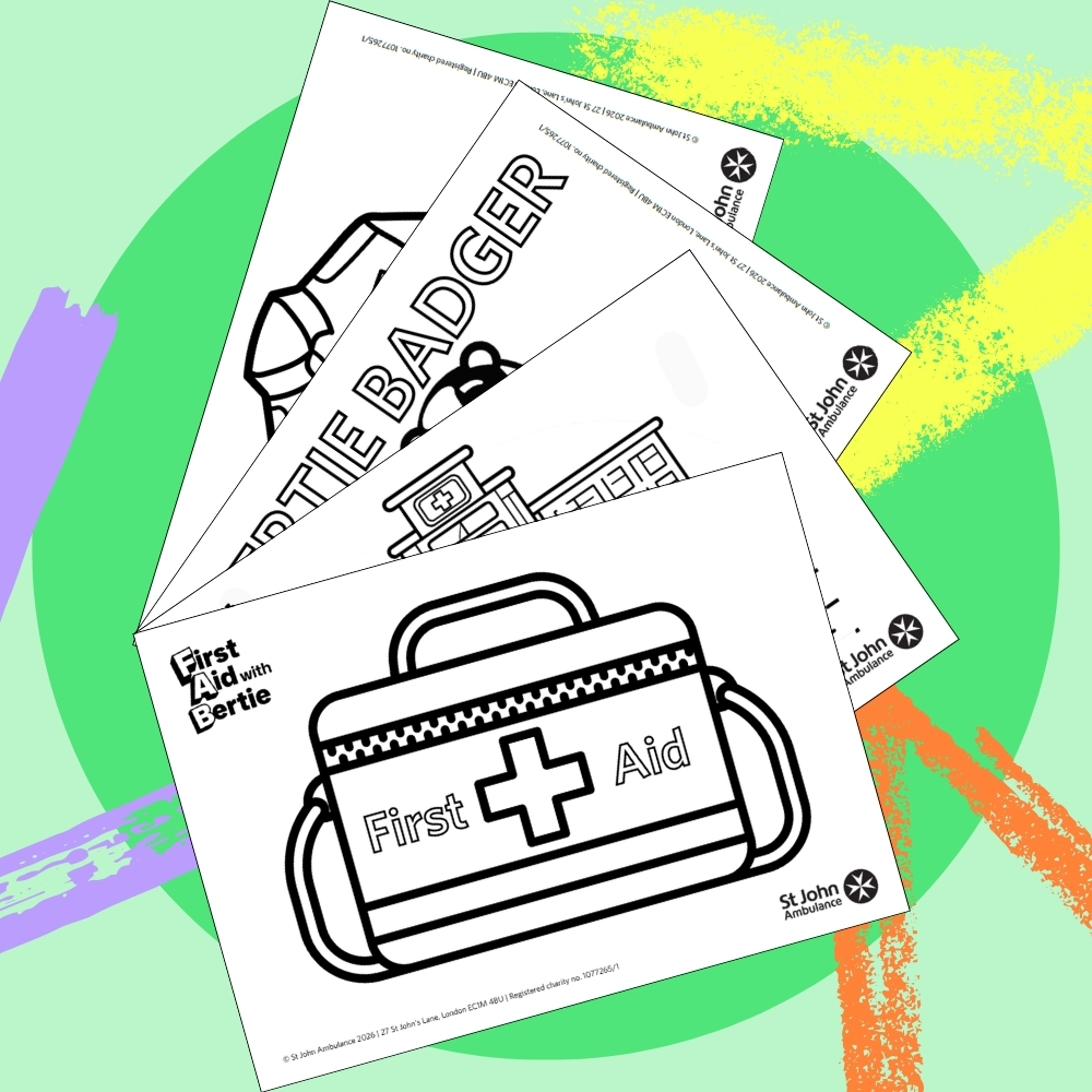 Illustration of First Aid with Bertie colouring pages. 