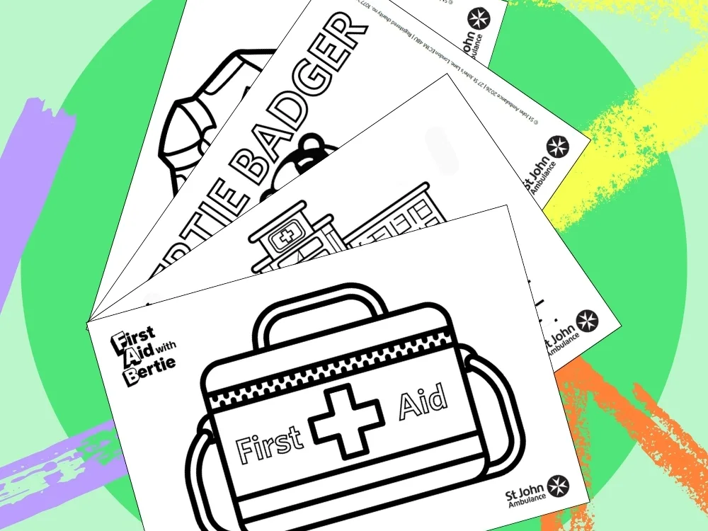 Illustration of First Aid with Bertie colouring pages.