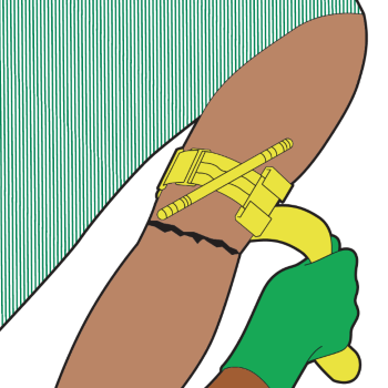 Illustration of an arm with a tourniquet and someone pulling the strap.