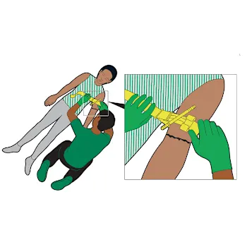 Illustration of someone putting a tourniquet onto a casualty's arm.