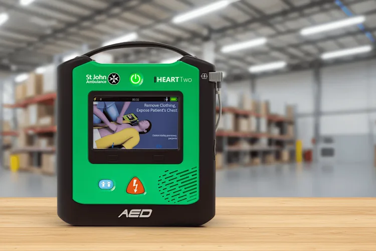 St John Ambulance Heart 2 AED on a wooden table in a storage unit.