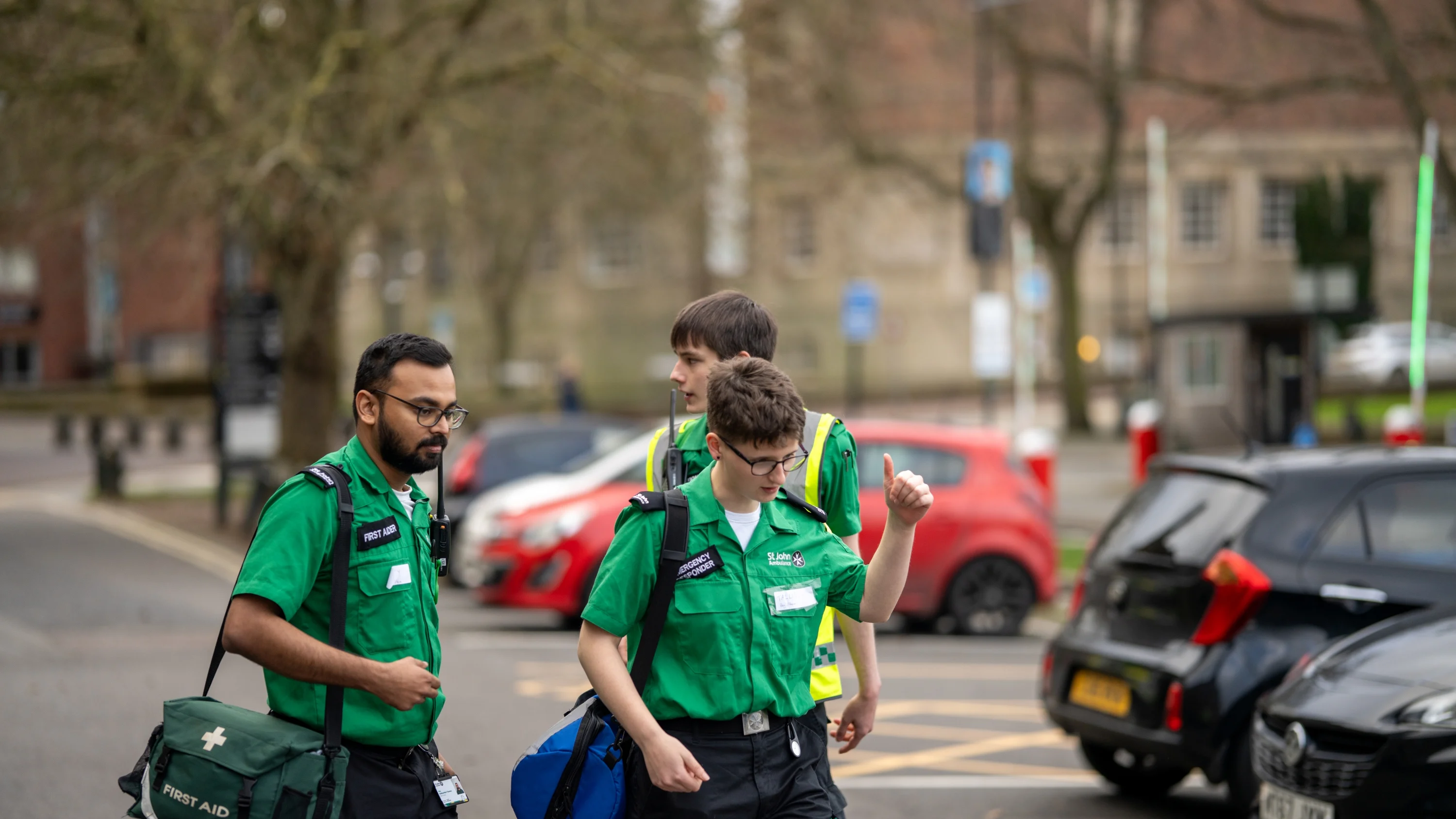 Student volunteers taking part in a situation simulation.