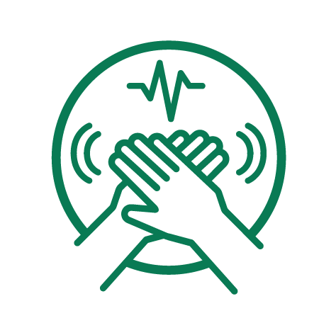 An green coloured icon of hands in chest compression position with waves radiating either side of them, surrounded by a circle and heartbeat symbol.