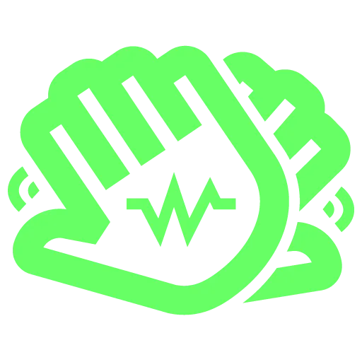 An green coloured icon of hands in chest compression position with waves radiating either side of them, surrounded by a circle and heartbeat symbol.