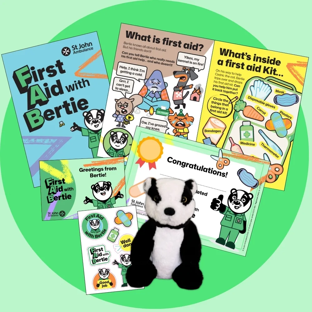 First Aid with Bertie pack and badger cuddly toy.