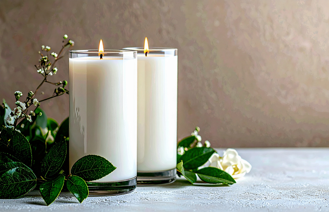 Two lit white candles with green plants and white flowers next to them. 