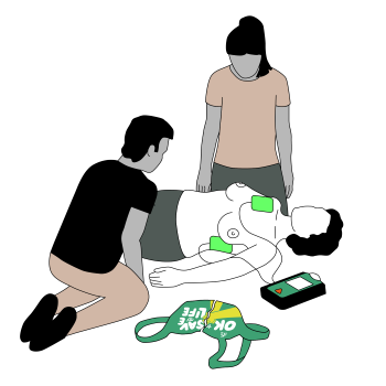 An illustration showing to remove a top before using a defibrillator and the pad placement on an adult.