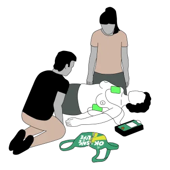 An illustration showing to remove a top before using a defibrillator and the pad placement on an adult.