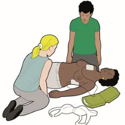 An illustration showing to remove a top before using a defibrillator and the pad placement on an adult.