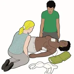 An illustration showing to remove a top before using a defibrillator and the pad placement on an adult.