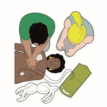 An illustration showing chest compressions during defibrillator use.