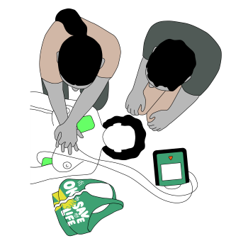 An illustration showing chest compressions during defibrillator use.