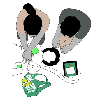 An illustration showing chest compressions during defibrillator use.
