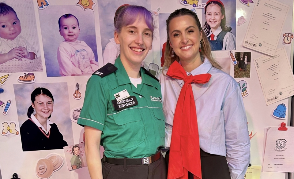 Content creator Caroline Parker posing With St John Ambulance volunteer, Flora.
