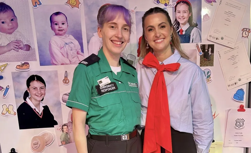 Content creator Caroline Parker posing With St John Ambulance volunteer, Flora.
