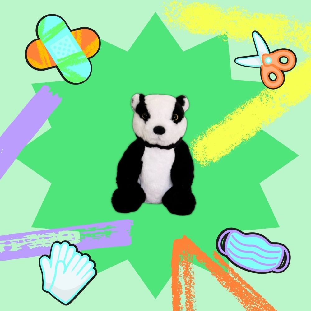 A cuddly toy badger with illustrations of plasters, a pair of scissors, latex gloves, and a mask around it. 