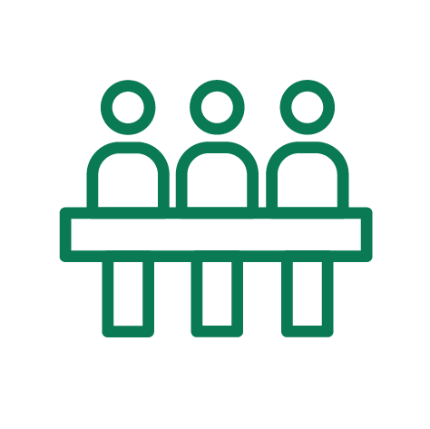 An illustration of three green stick people stood in a line