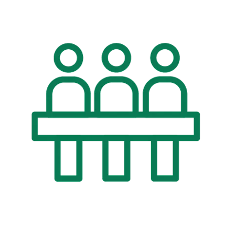 An illustration of three green stick people stood in a line