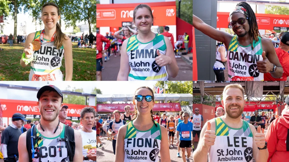 A collage of photos of different people running the London Marathon for St John. They are all wearing St John running vests and smiling.