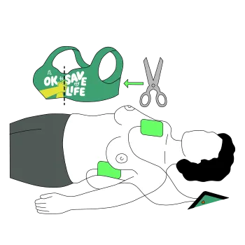An illustration showing to remove a top before using a defibrillator and the pad placement on an adult.
